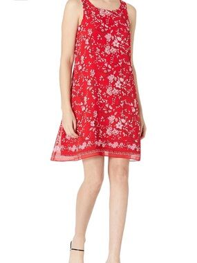 Max Studio Scarf Print Shift Dress Red Floral print, chiffon, size XS